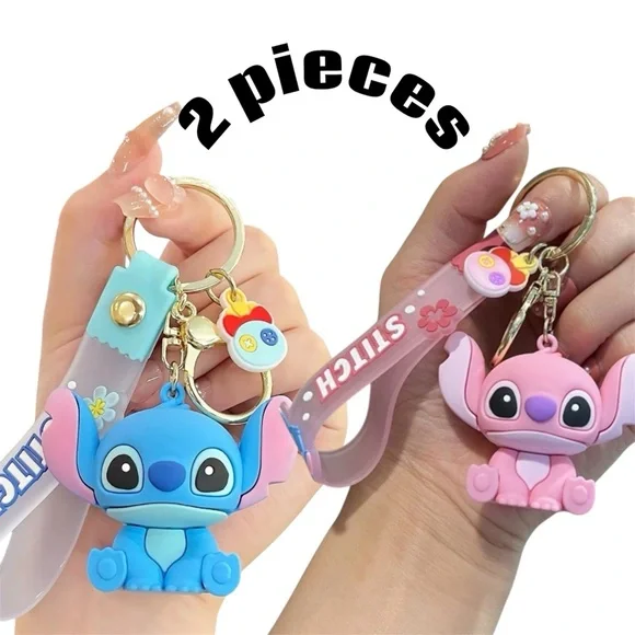 Pack 2 Stitch and Angel Disney Keychains - 3D Silicone - New with Strap - Picture 1 of 8